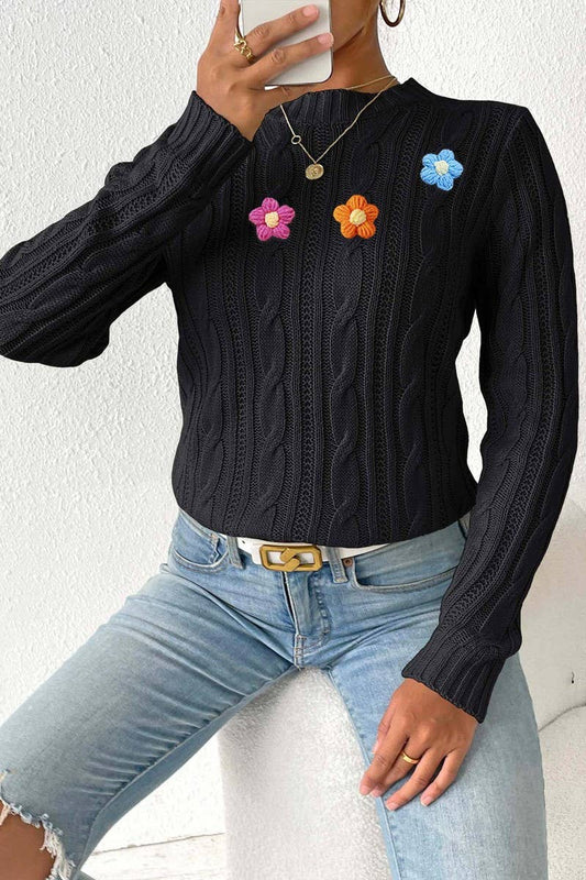 CWOSWL07409_WOMEN ROUND NECK KNIT SWEATER CROCHET PATCHWORK