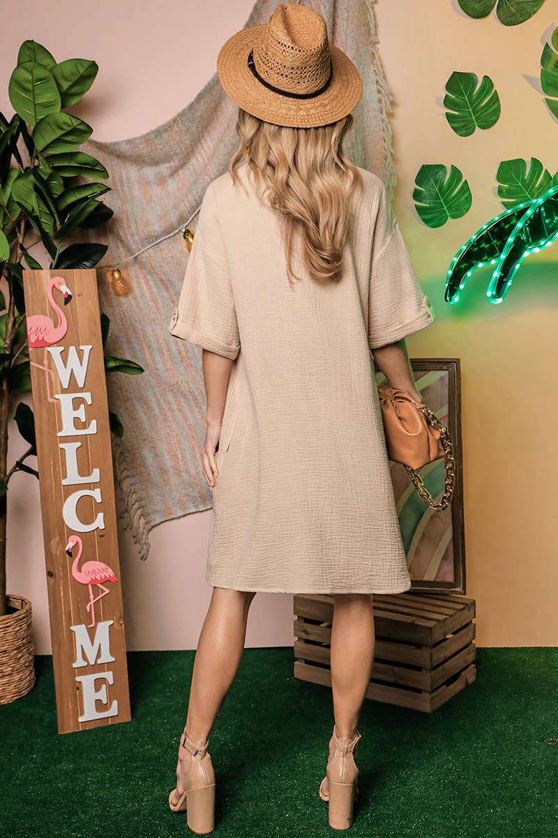 CWDSD10407_SHORT SLEEVE BUTTON DOWN MINI SHIRTS DRESS