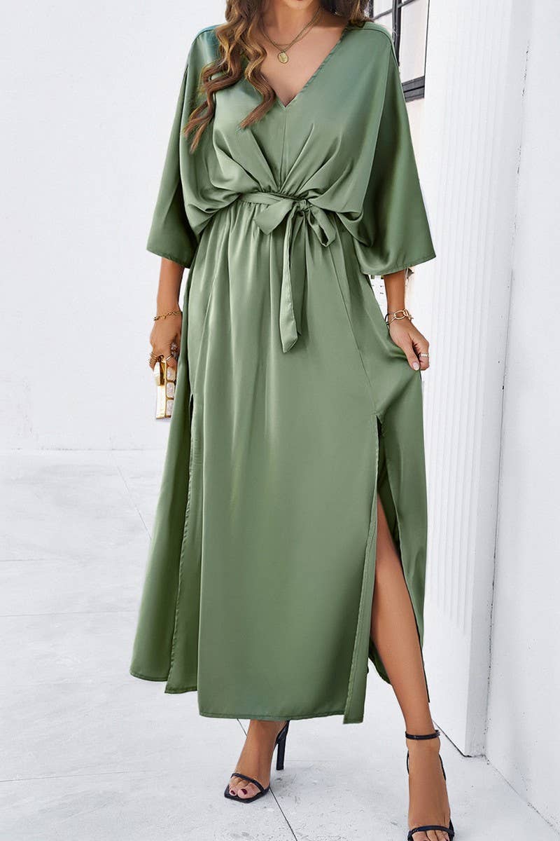 CWDMD1334_V-Neck 3/4 Sleeve With Belt Maxi Dresses