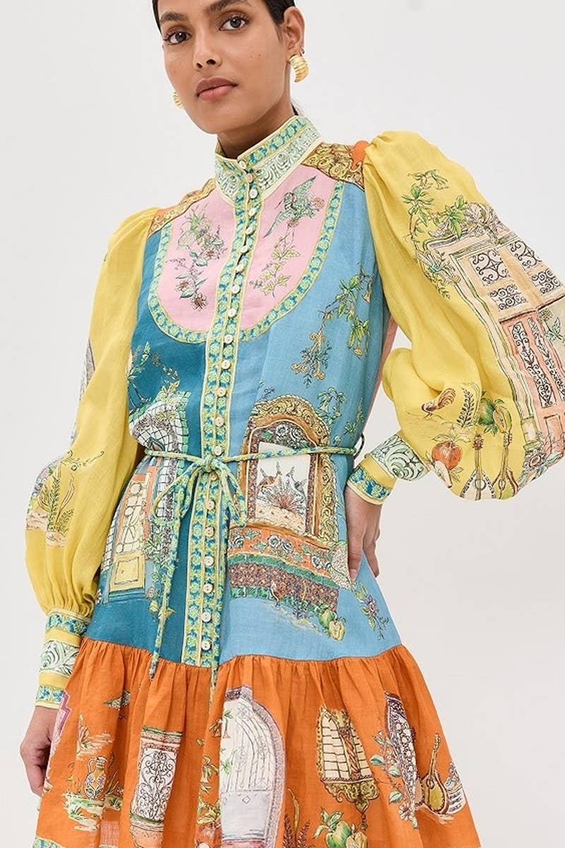 CWDSD8250_FASHIONABLE PUFF SLEEVE RUFFLE HEM DRESS