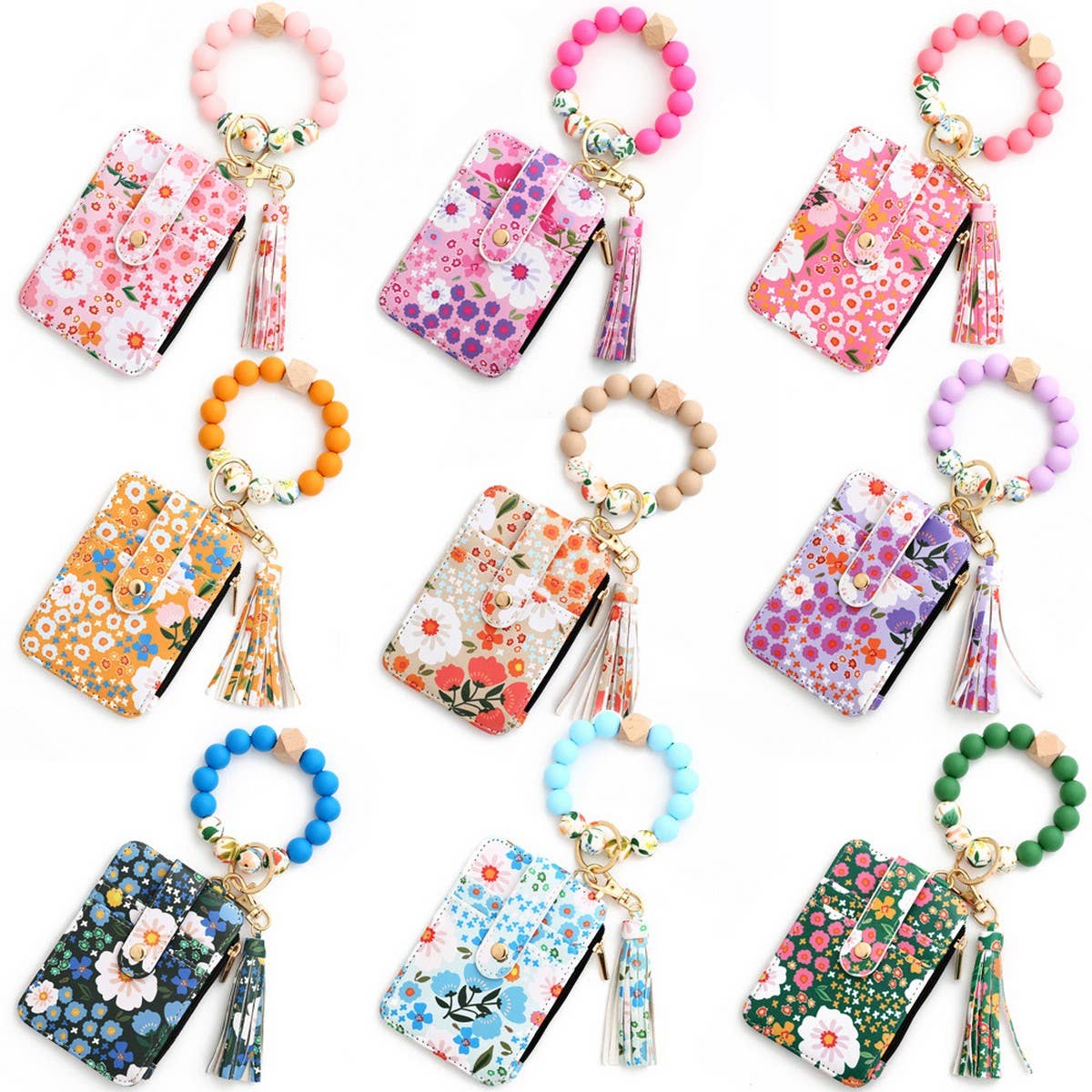 Floral PU Wallet with Bead Bracelet & Card Holder_CWAB4955