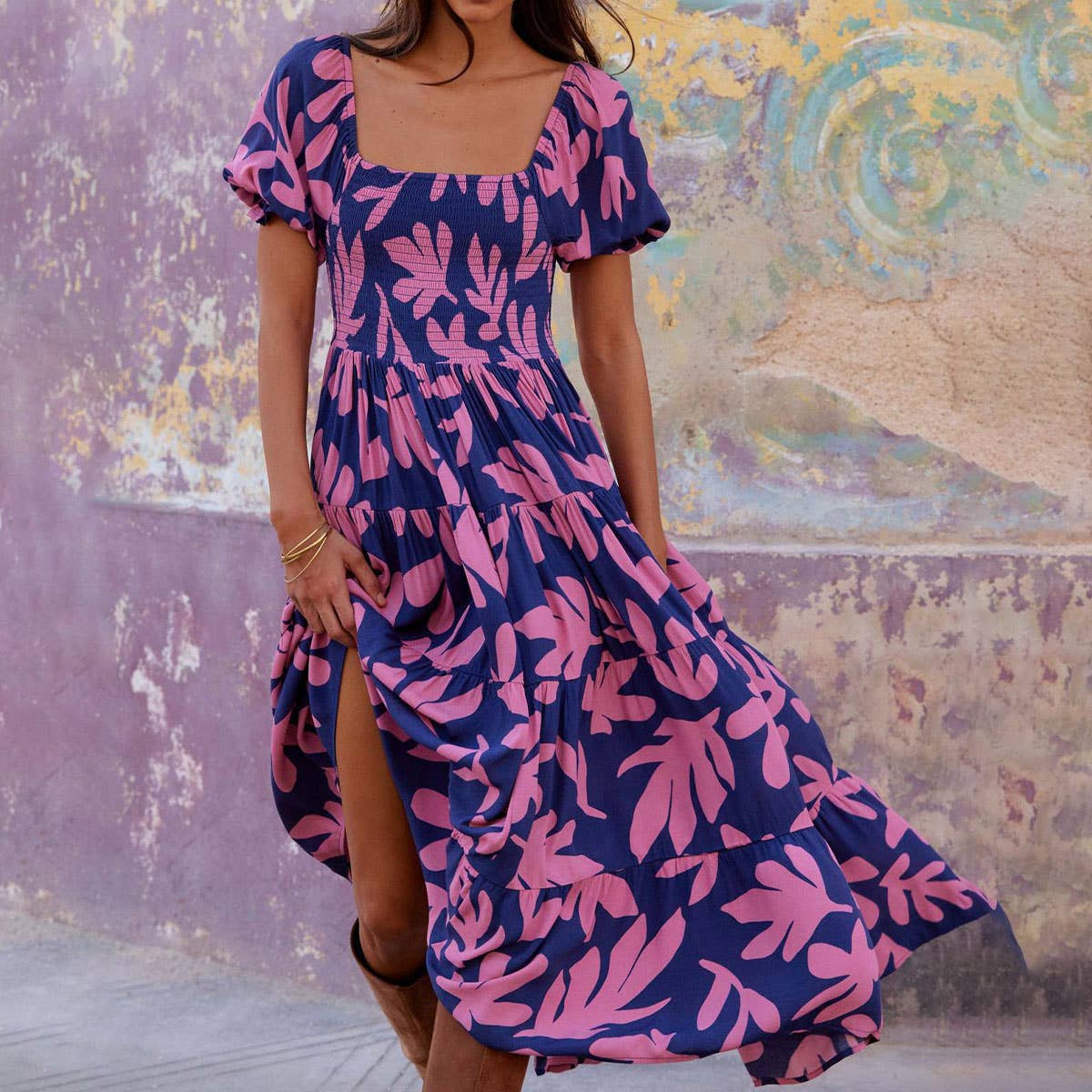 Print puffed sleeve long A-line dress