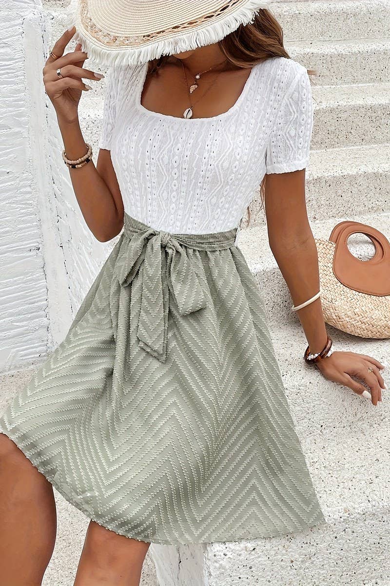 CWDSD8765_SUMMER SQUARE NECK PATCHWORK SLIM DRESS