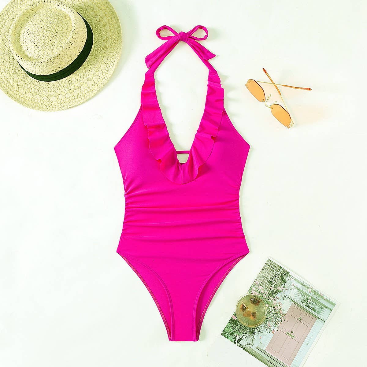 WOMEN'S BACKLESS RUFFLED ONE-PIECE SWIMSUIT