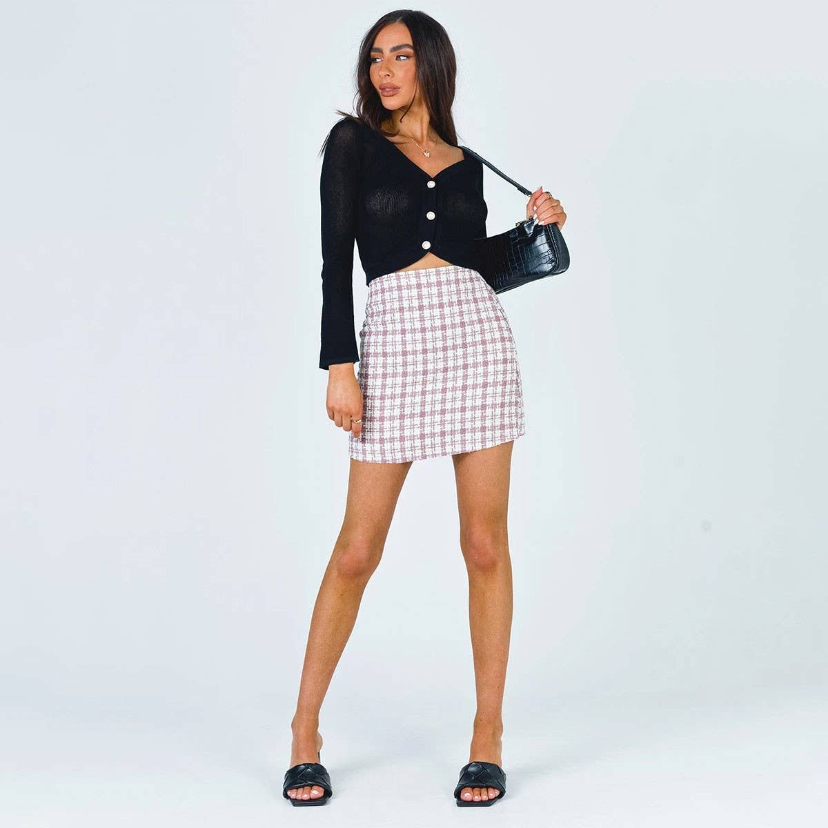 RETRO CHECKERED A-LINE SHORT WOOLEN SKIRT_CWBSS0393