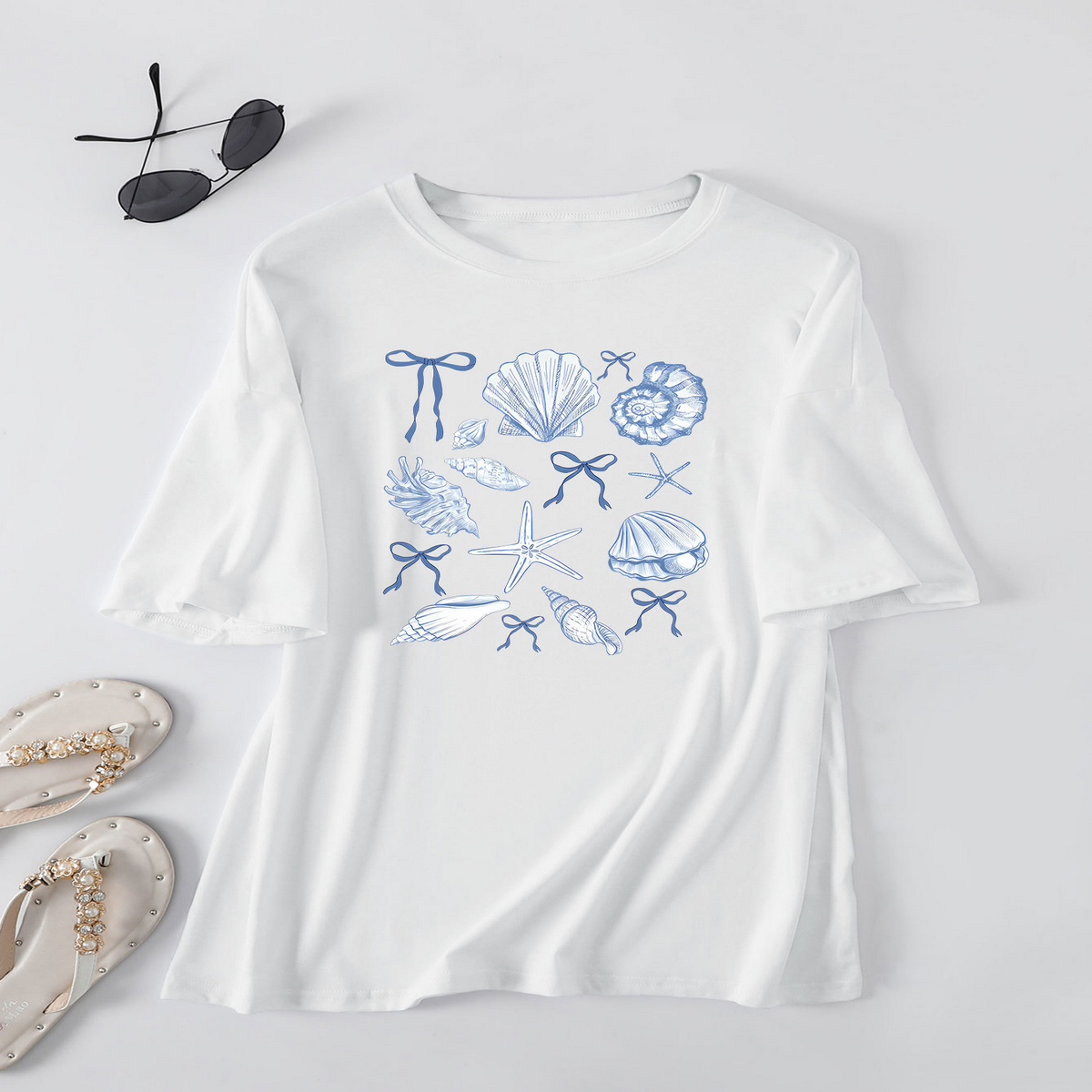 Cute Bow Print T-Shirt for Women, Shell Neckline