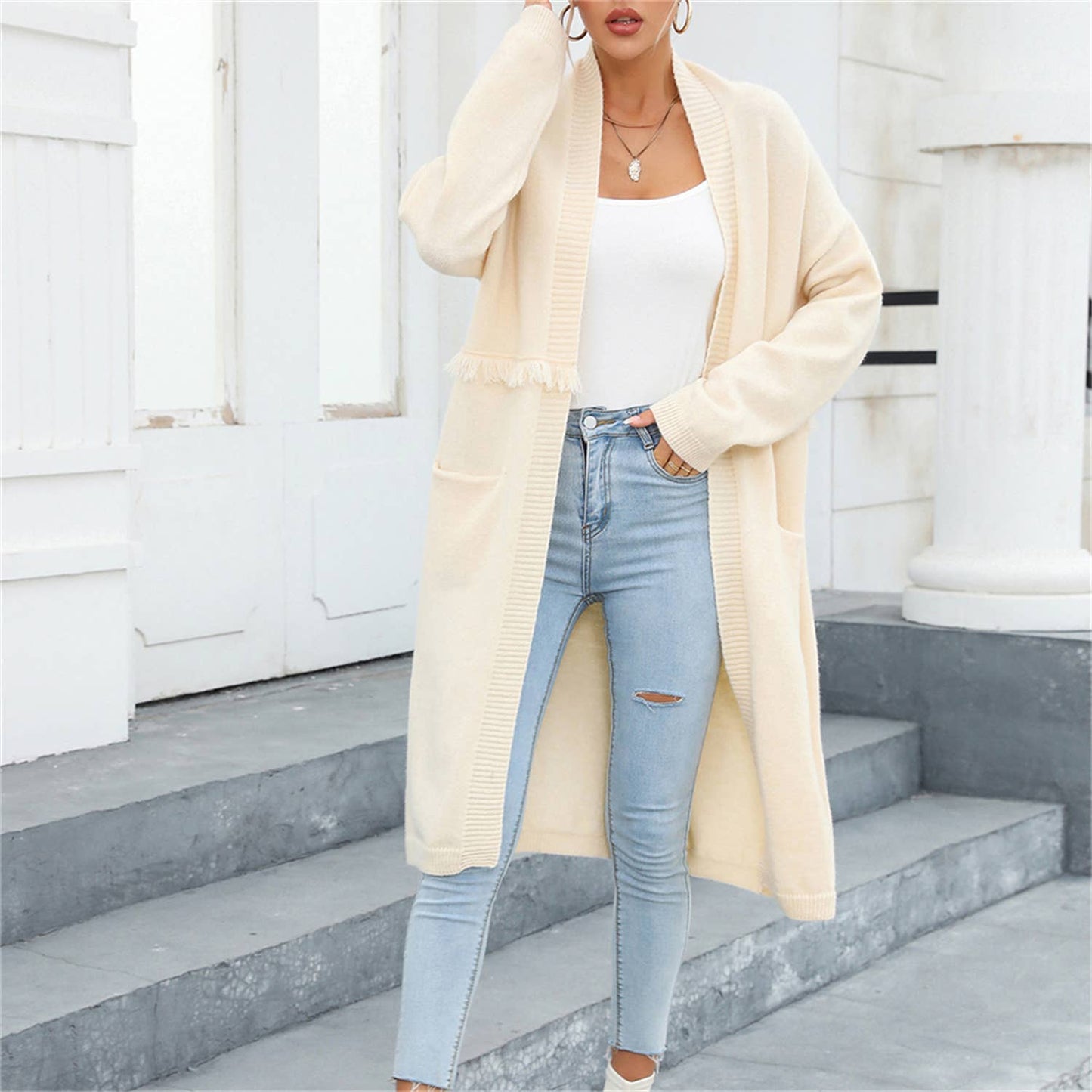 LONG CARDIGAN POCKET STYLE FRINGE COAT SWEATER