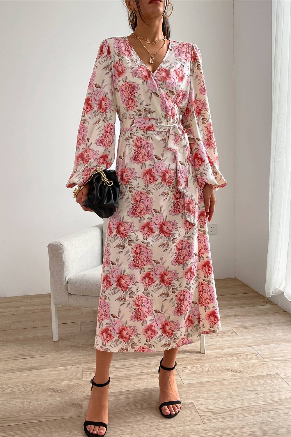 Printed V-neck slit waist-cinching long dress