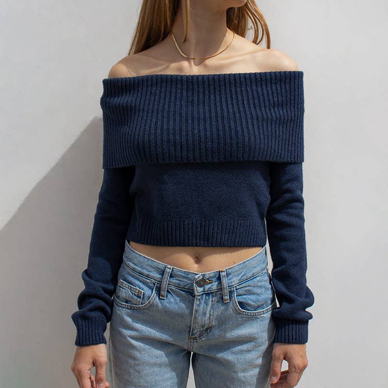 SOLID COLOR LAPEL ONE-LINE SHOULDER KNIT TOP