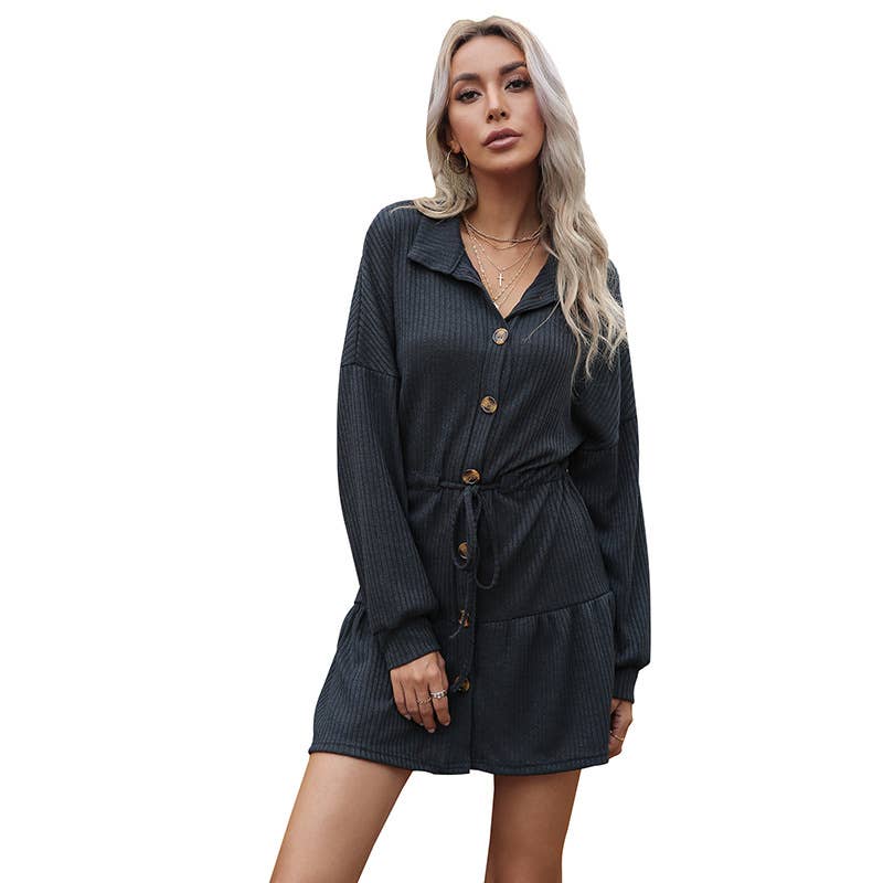 Lace-up long-sleeved lapel sweater dress