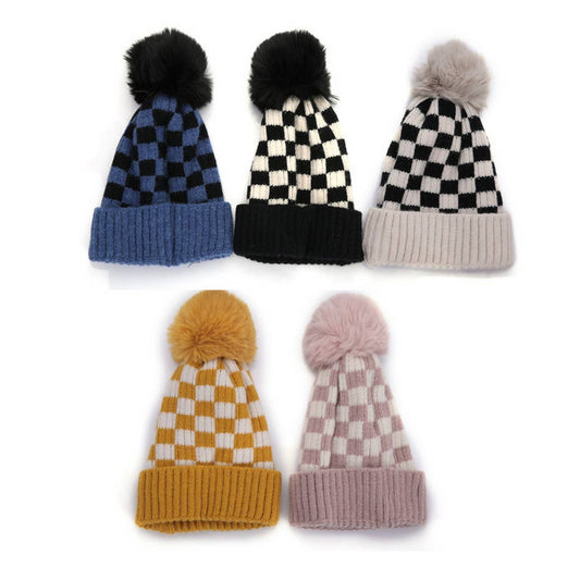 CHILDREN CHECKERBOARD PLAID KNIT HAT_CWAH0734