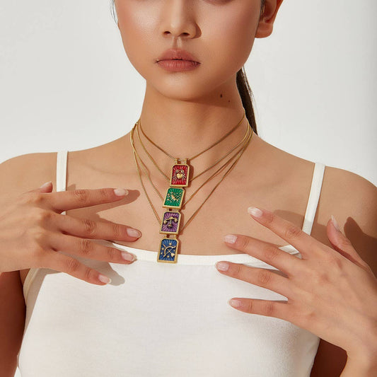 Vintage Square Zodiac Necklace with Enamel