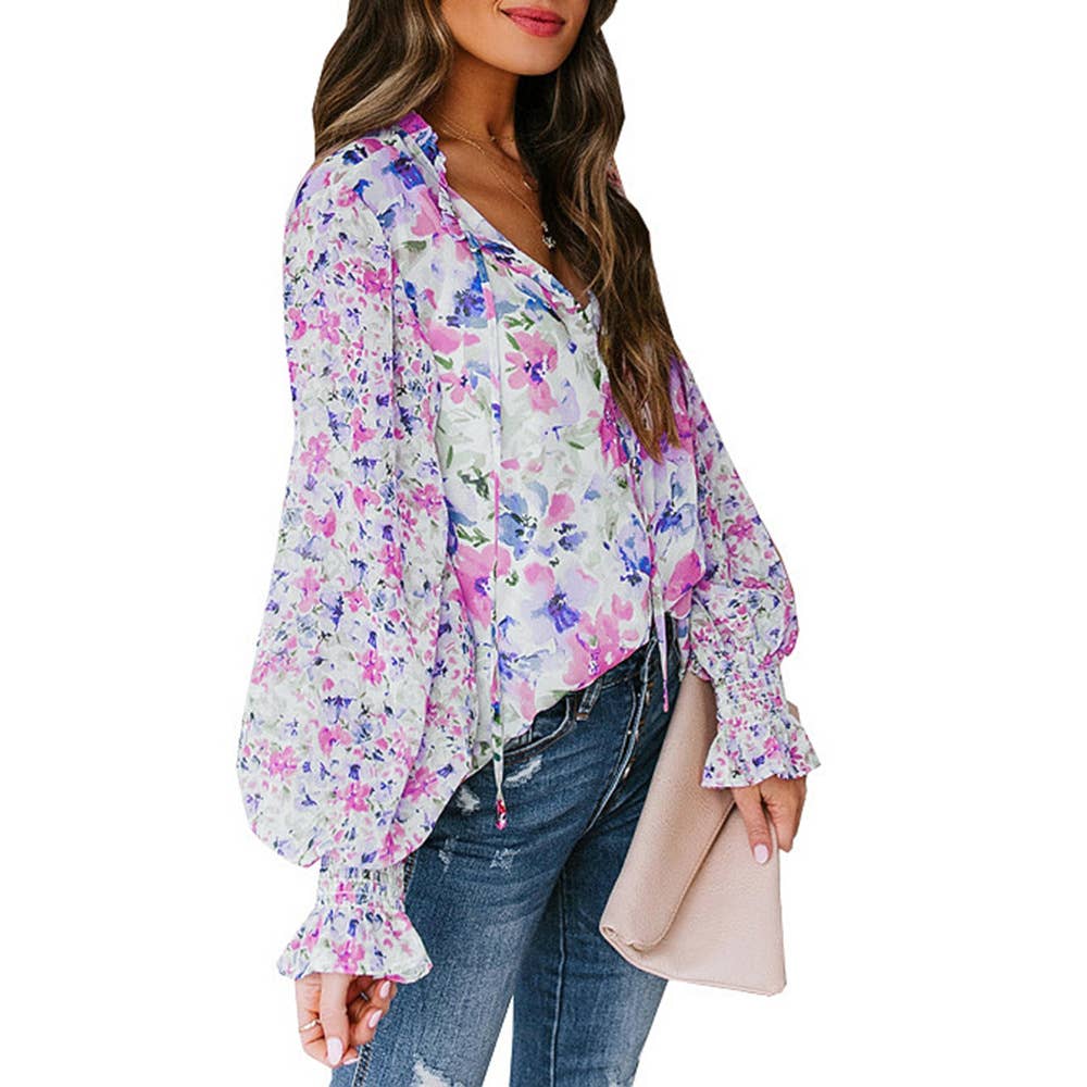 Lace-up printed lantern sleeve blouse for ladies