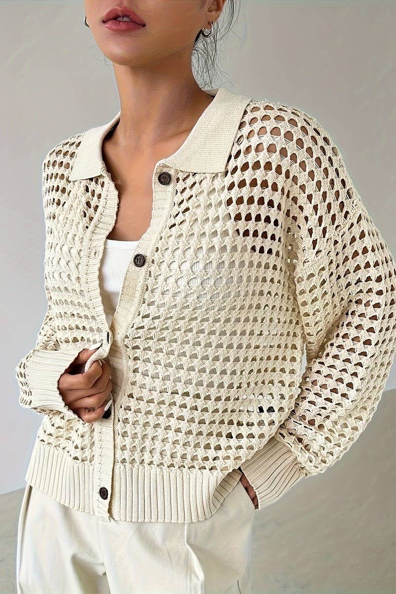 CWOCAL2285_WOMEN'S HOLLOW SOLID COLOR KNIT CARDIGAN
