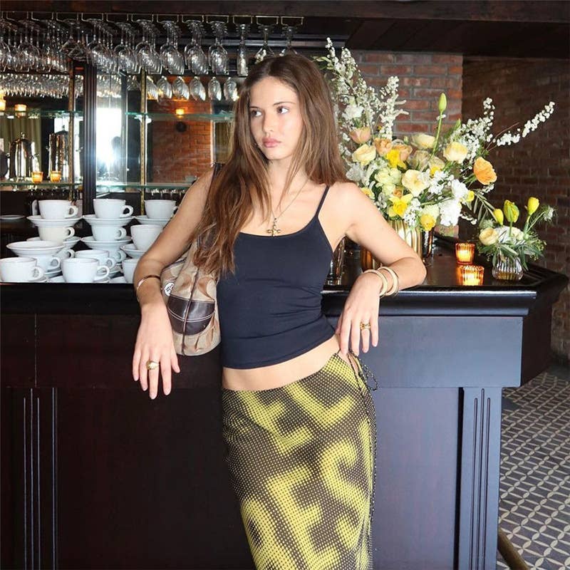 Pixel print letter waist-cinched pencil skirt