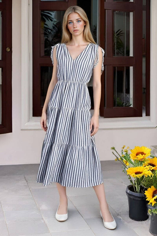 CWDMD6408_BOHEMIAN V-NECK STRIPED MIDI DRESS
