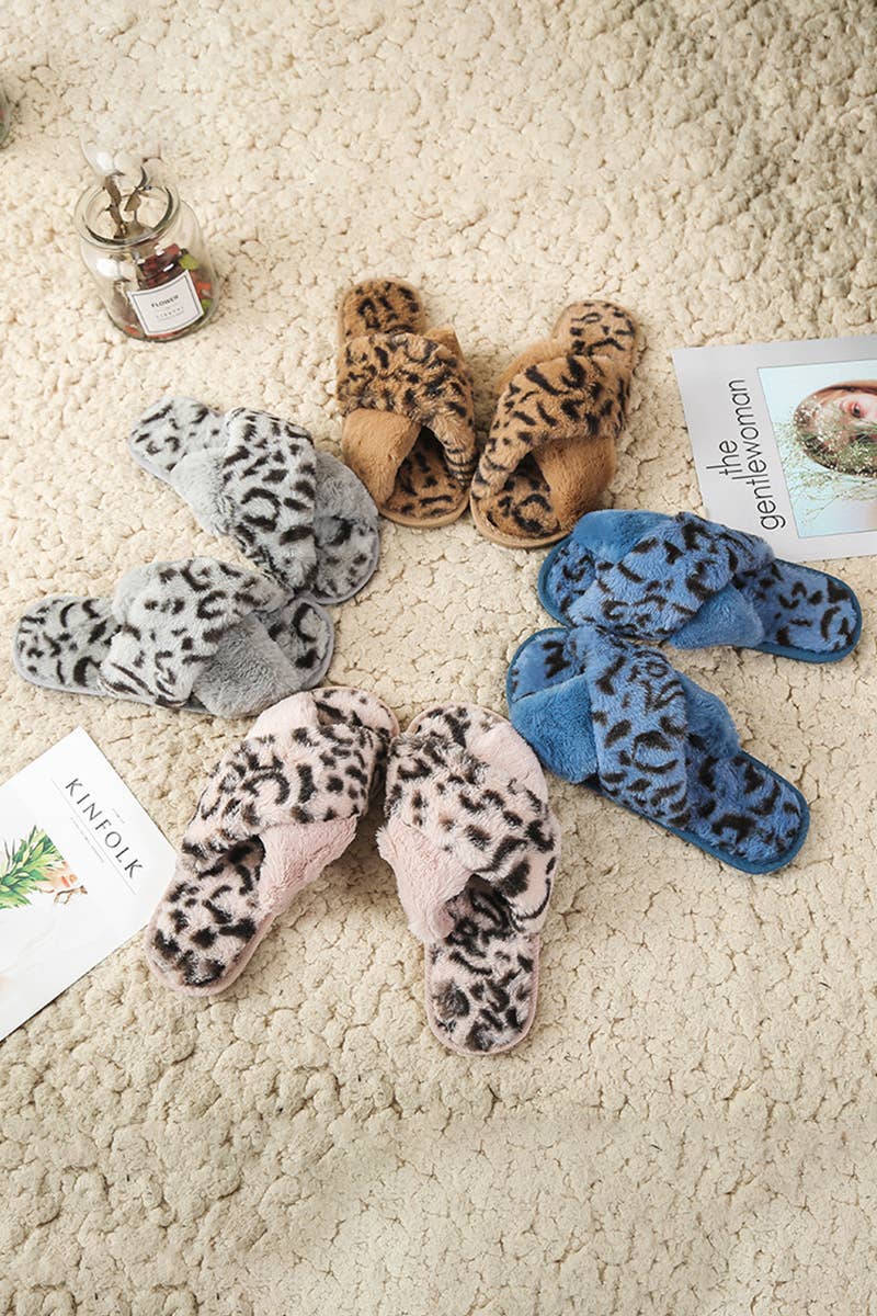 LEOPARD PATTERN CROSS FLUFFY HOME BEDROOM SLIPPERS