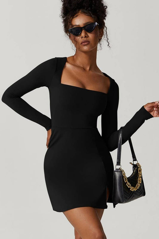 CWDSD8464_SQUARE NECK CORSET SLEEVE SLIT FLARE MINI DRESS