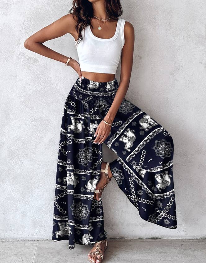 Tropical print retro floral print wide leg pants