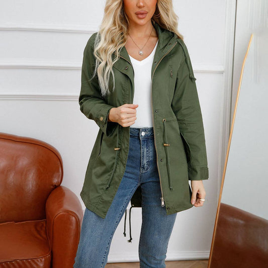 Women's plus size cotton hooded trench coat