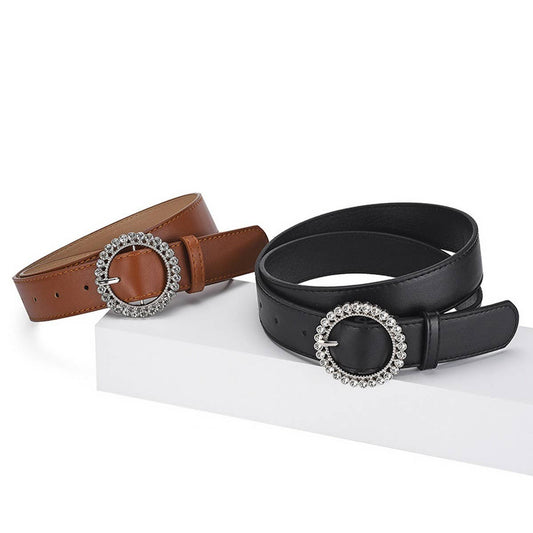 ROUND BUTTON CRYSTAL INLAID SOLID COLOR BELT