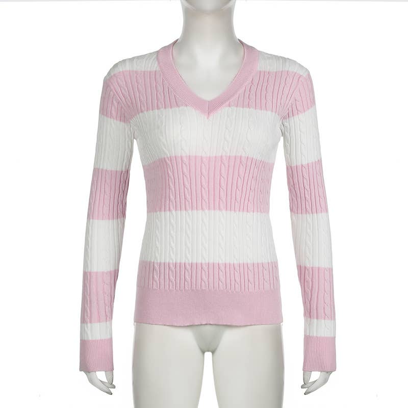 V-NECK SLOUCHY TWIST FEATURE STRIPED SWEATER