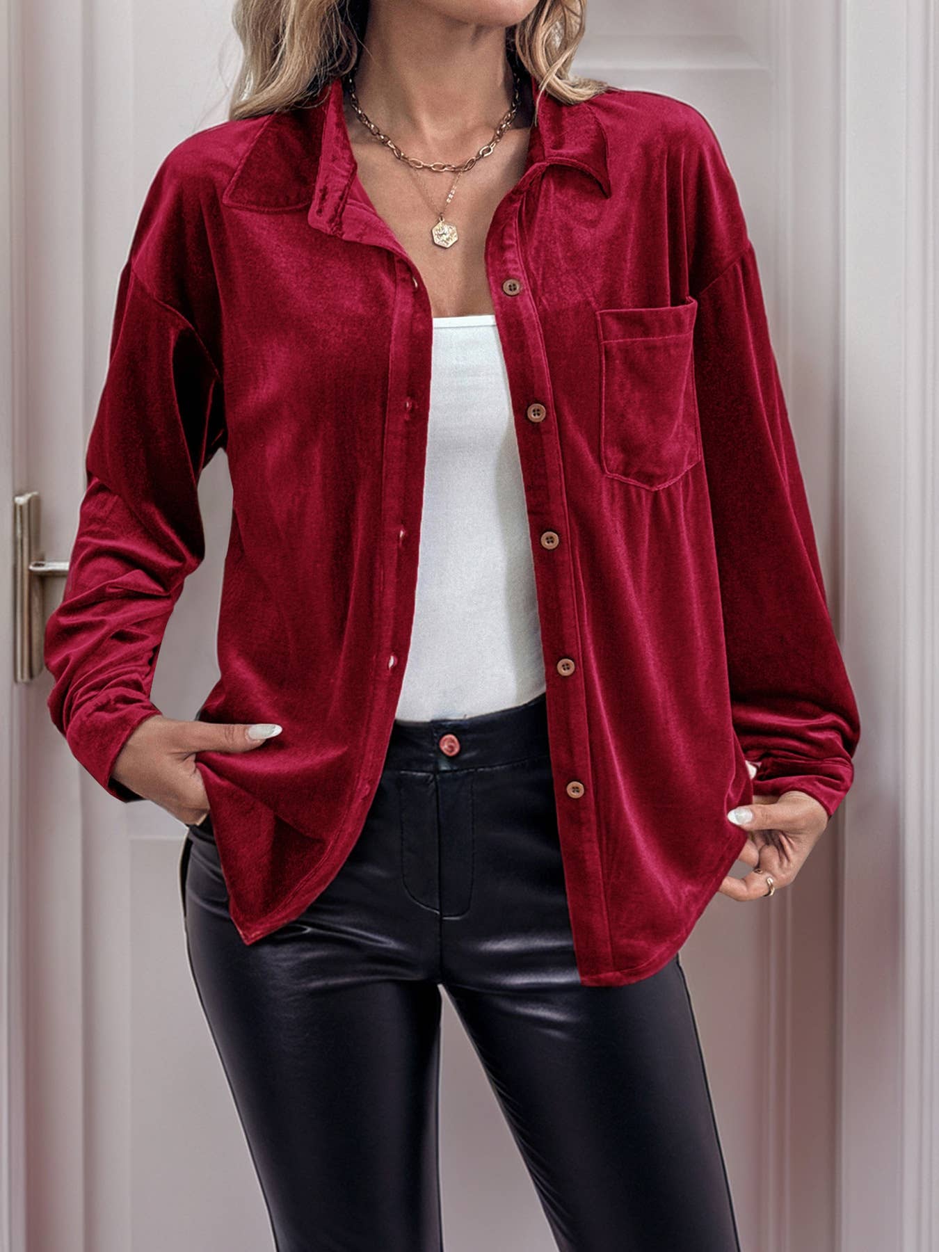 LONG SLEEVE LAPEL VELVET SINGLE-BREASTED SHIRT