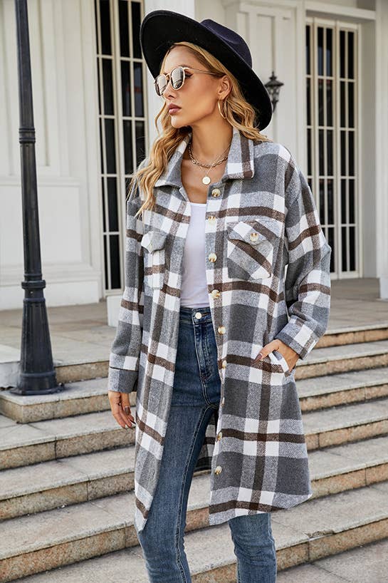 STYLE LAPEL PLAID WOOL SINGLE BREASTED LONG COAT
