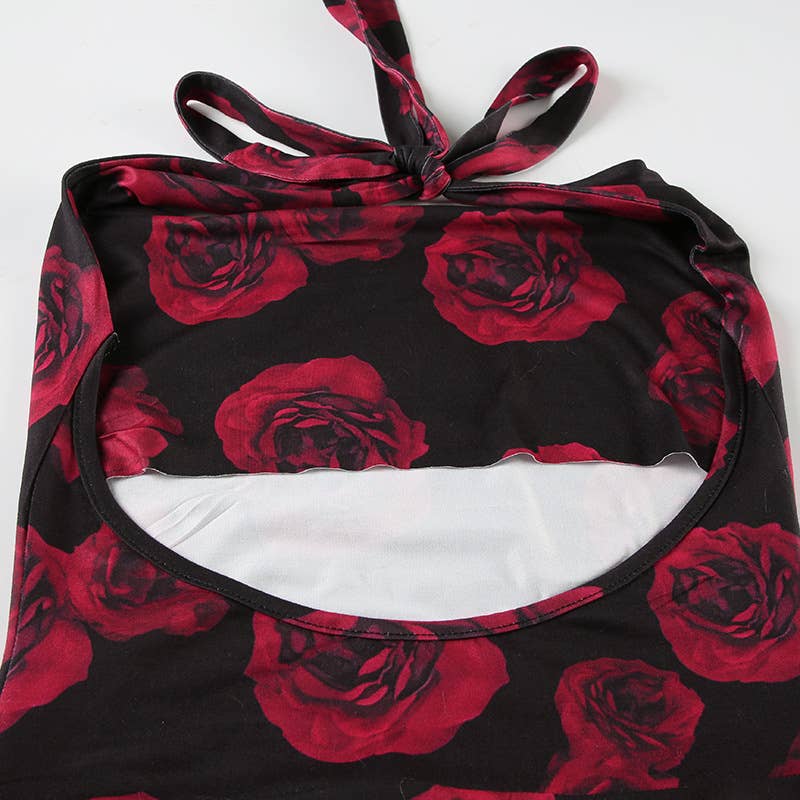 Sexy floral print halter cropped pleated dress