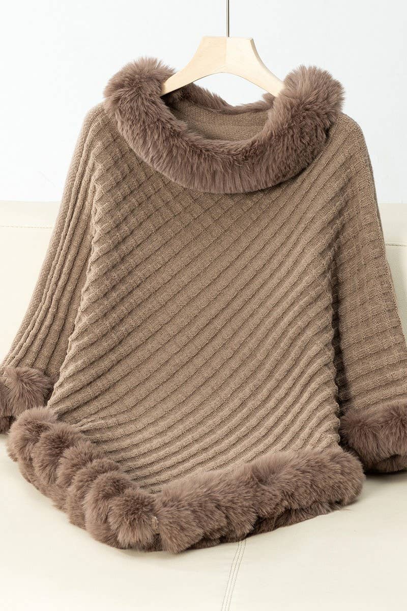 CWOCAS0045_THICK FUR COLLAR VINTAGE PLAID KNITTED CAPE SHAWL