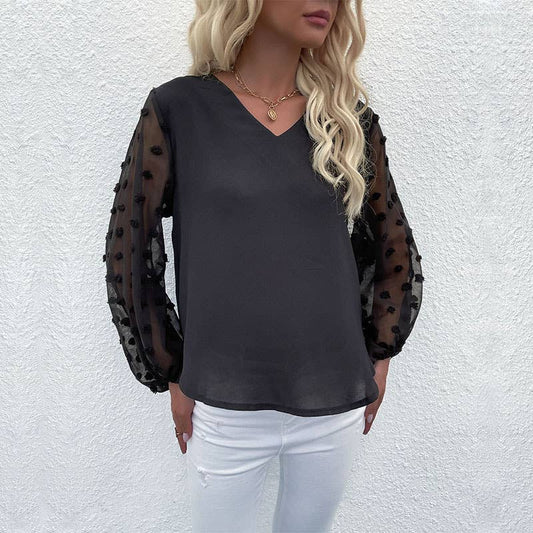 V-neck long sleeve chiffon shirt with hairball