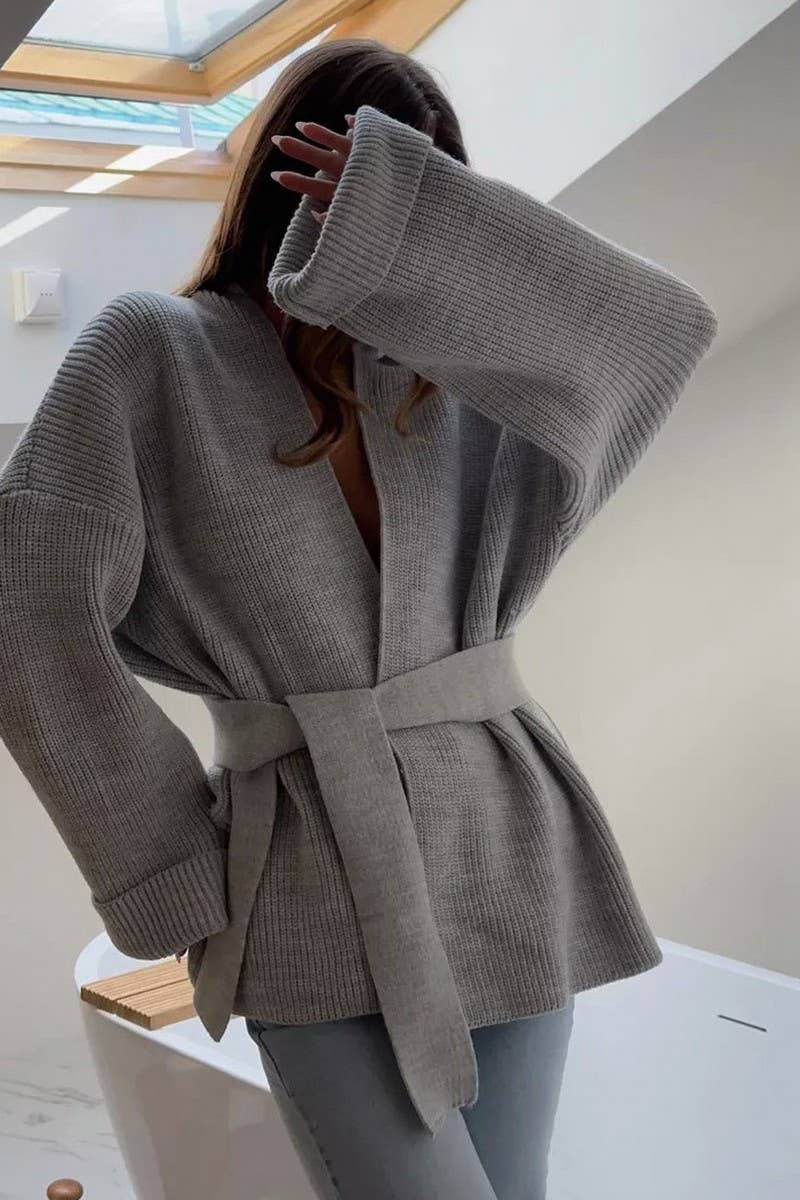 CWOCAL2240_SOLID COLOR LACE-UP LOOSE ROBE KNITTED CARDIGAN