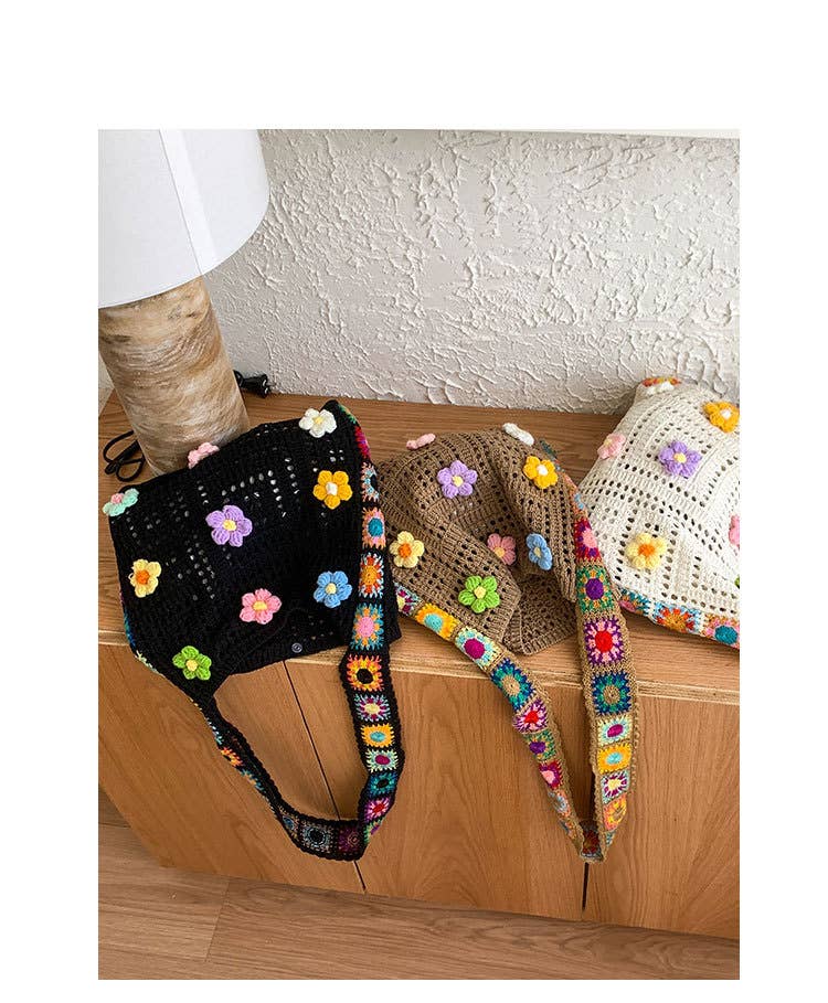 Ethnic-style artistic flower patchwork knit bag