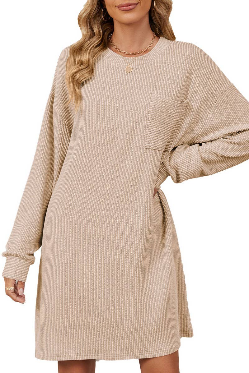 CWDSD6364_ROUND NECK STRIPED POCKET LONG SLEEVE DRESS