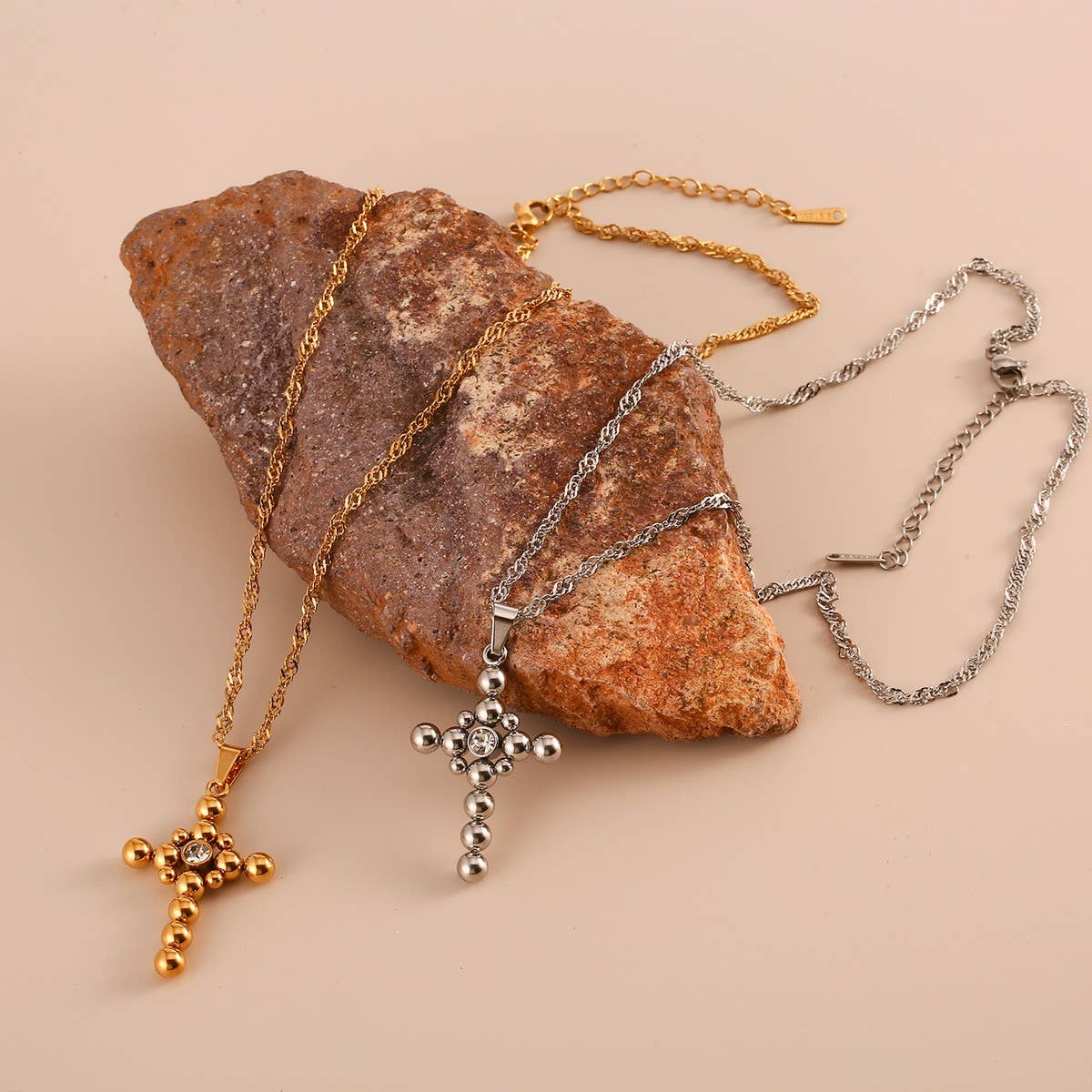 Minimalist Steel Bead Cross Necklace with Zircon
