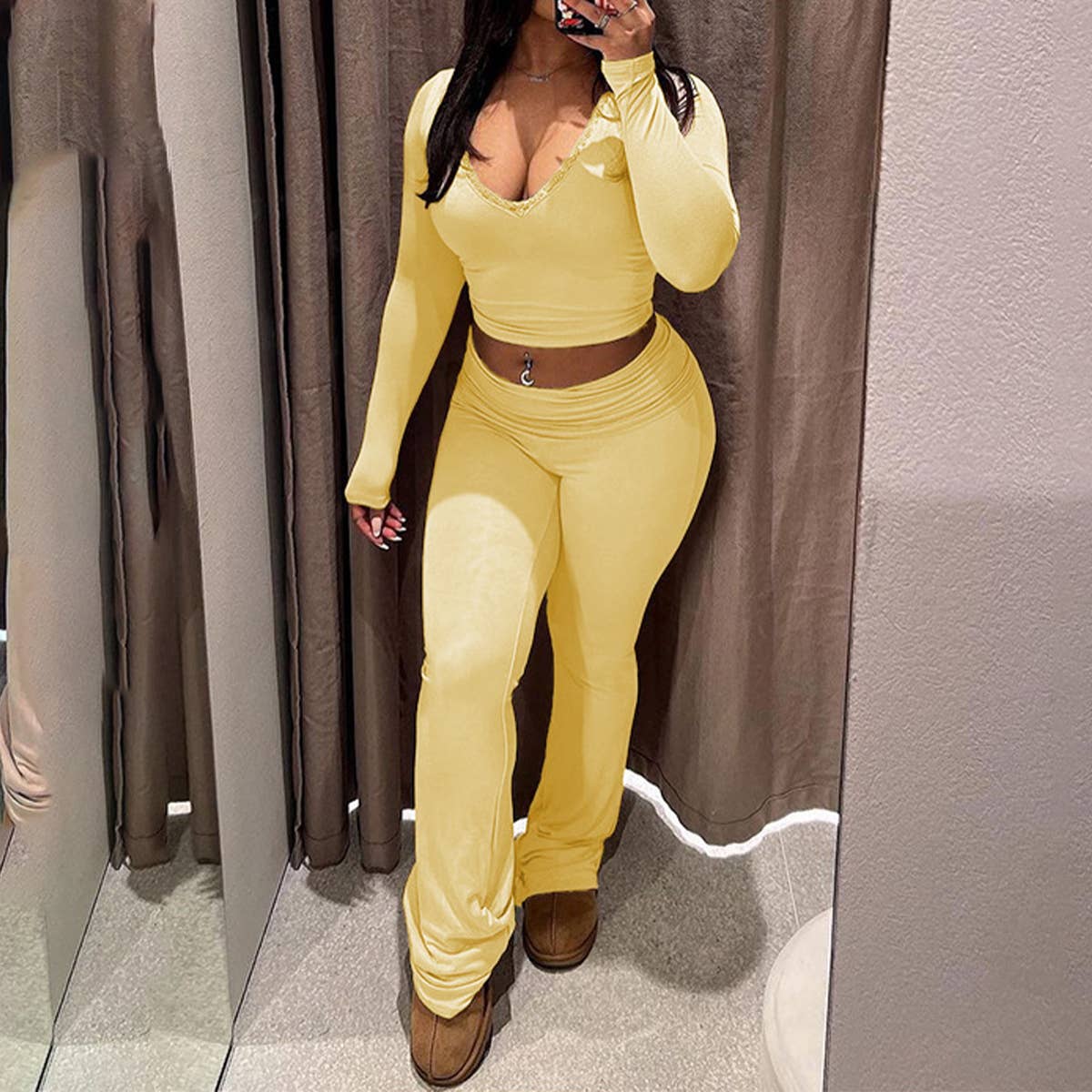 Simple casual solid color patchwork lace V-neck suit