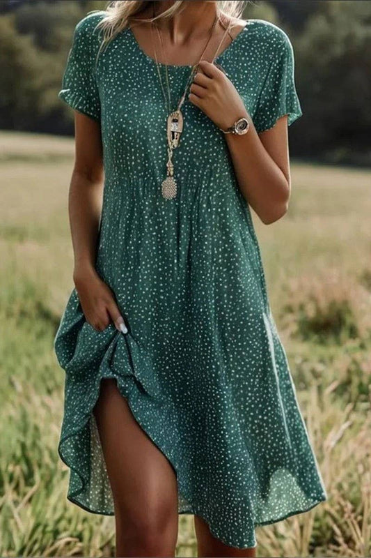 CWDMD5715_SUMMER ARTISTIC ROUND NECK MIDI DRESS