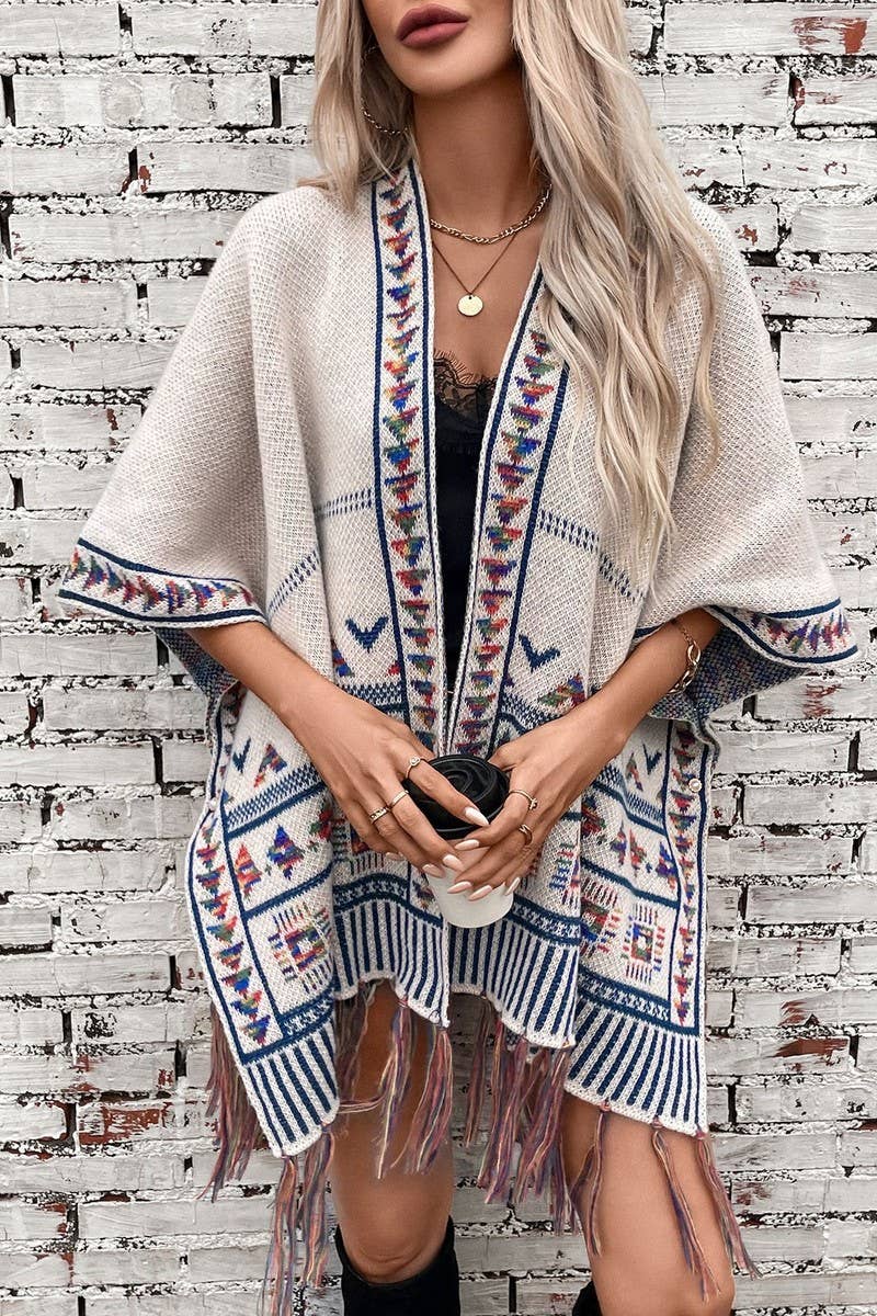 CWOSWS0090_LOOSE KNITTED TASSEL JACQUARD CAPE SHAWL