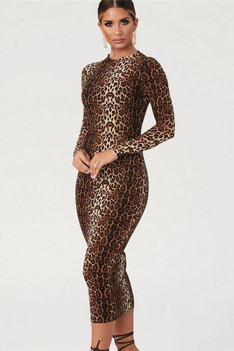 CWDMD4919_LEOPARD PRINT LONG SLEEVE SEXY FITTED DRESS