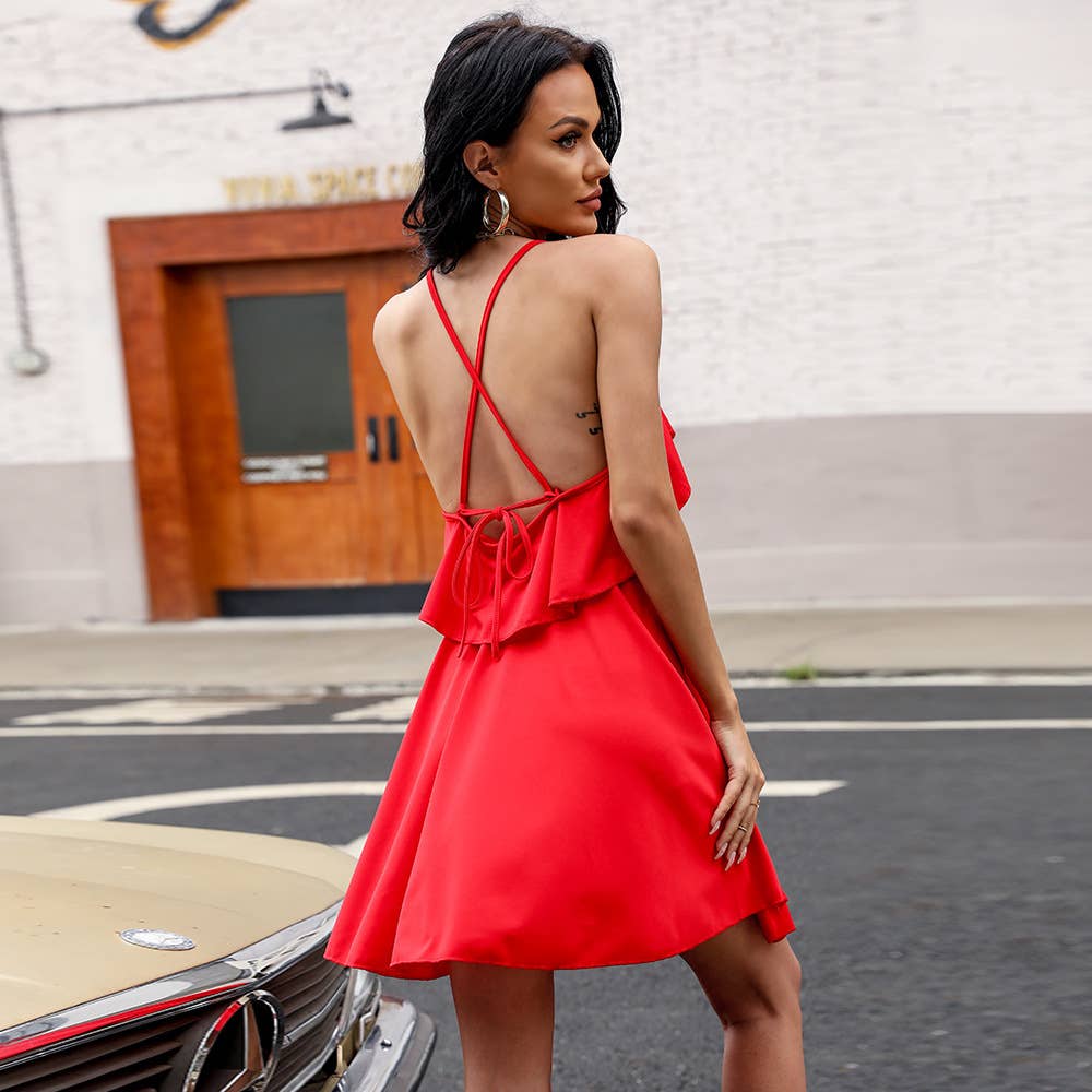 SOLID COLOR BACKLESS PLEATED SKIRT TRIM DRESS