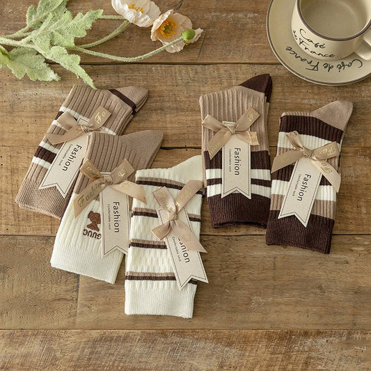 BROWN STRIPED EMBROIDERED BREATHABLE STACKED SOCKS_CWMS1115