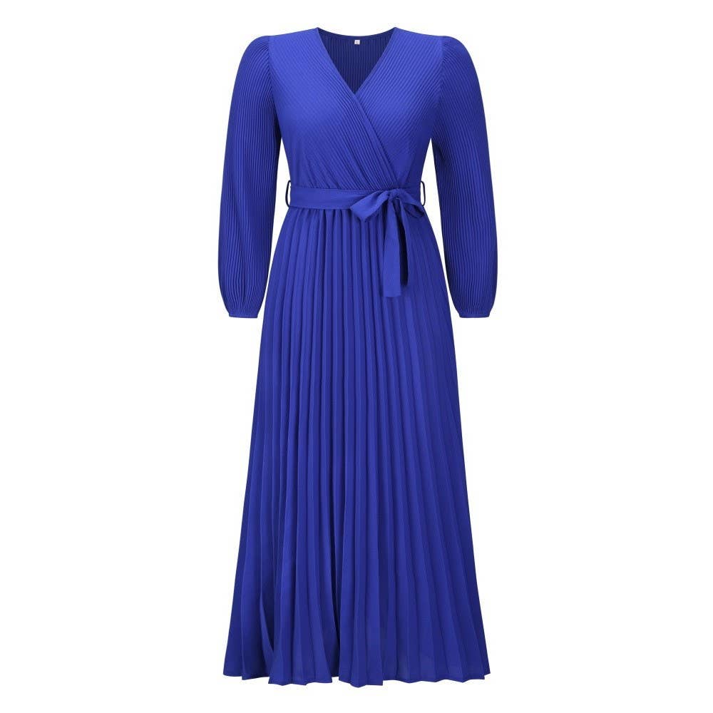 V-neck,long-sleeved,waist-cinching long dress