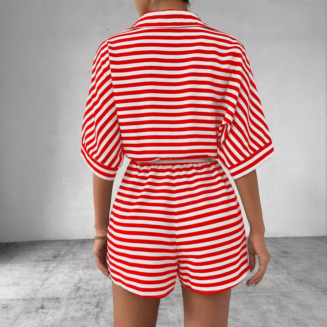 Striped lapel belted shorts short sleeved onesie