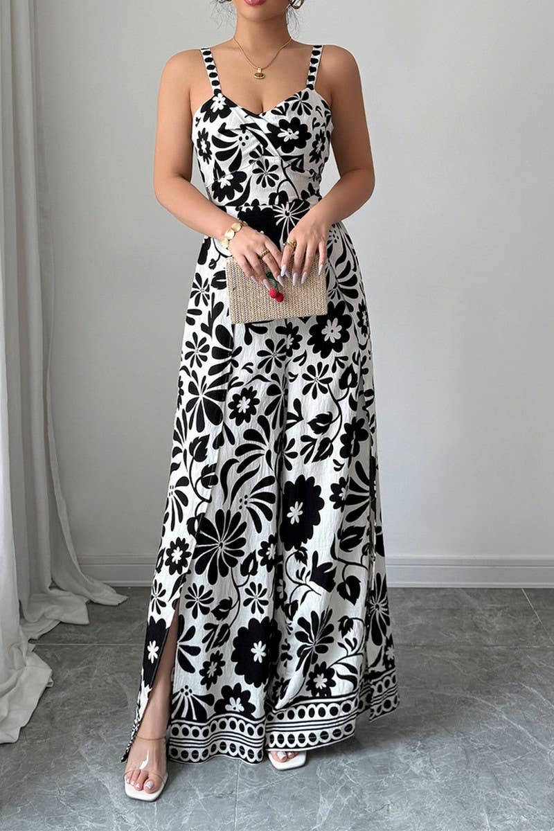 CWDHL0890_ELEGANT TWISTED PRINT SUSPENDERS WIDE-LEG JUMPSUIT