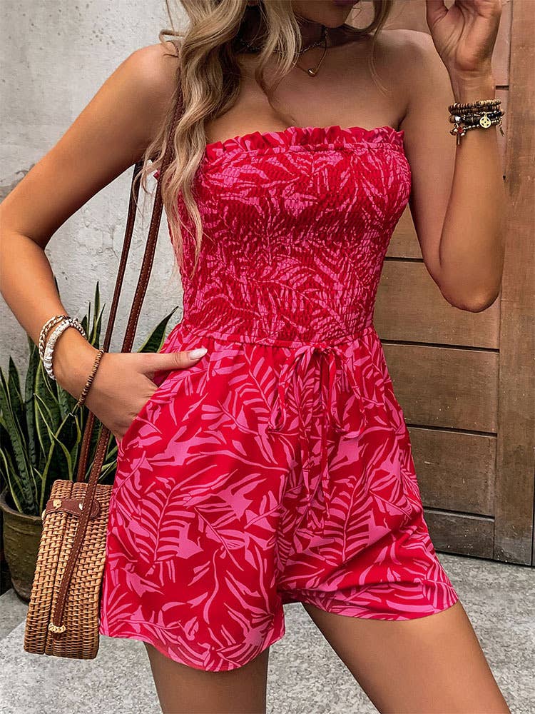 ONE-LINE SHOULDER ELASTIC PRINT TOP UP JUMPSUIT