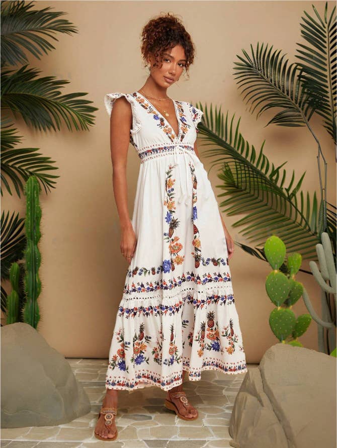 Holiday printed V-neck sleeved dress