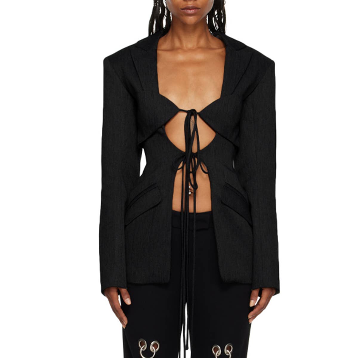 Sexy V-Neck Lace-Up Waist Blazer with Asymmetry