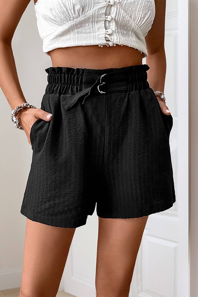 CWBSP0439_COMFORTABLE HIGH WAIST TIE BLACK CRINKLED SHORTS
