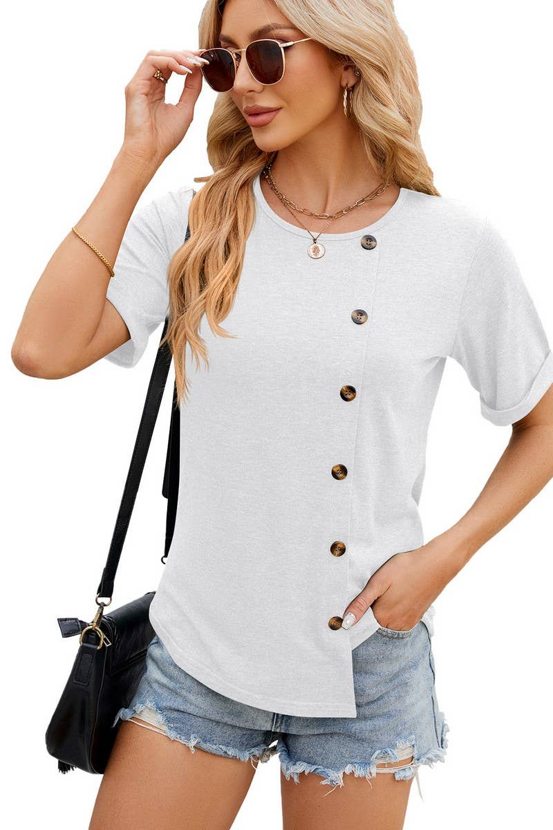 ROUND COLLAR BUTTON IRREGULAR HEM T SHIRT_CWTSTS0147