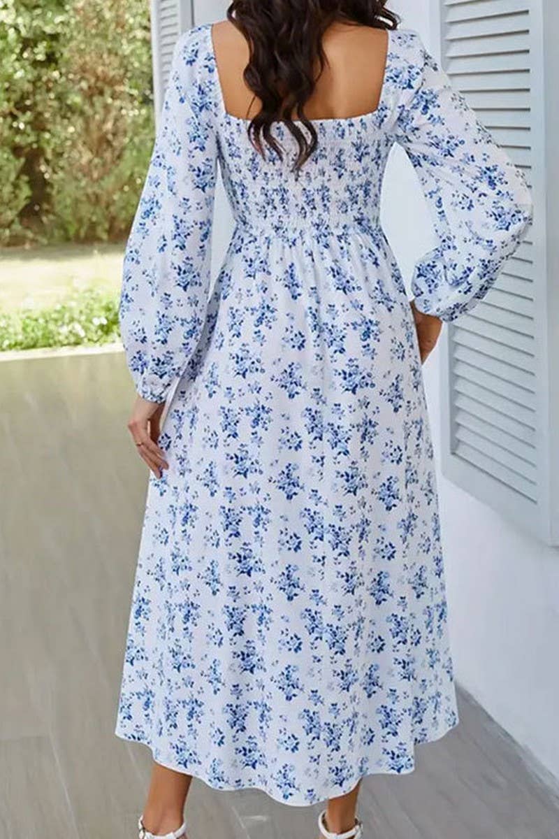 CWDMD5040_SPRING AND SUMMER SQUARE NECK SLIT FLORAL DRESS